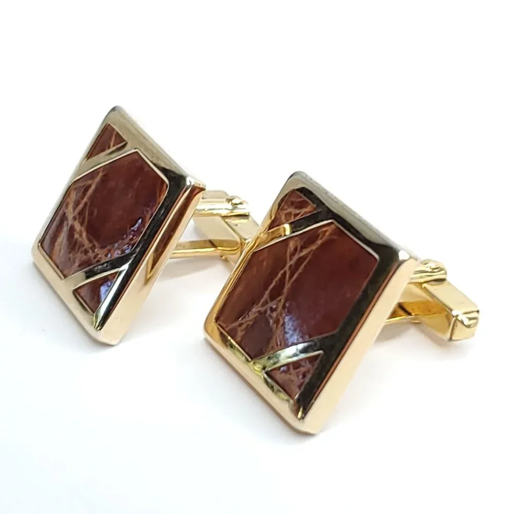 Vintage Anson Cufflinks Gold Tone Brown Leather Square